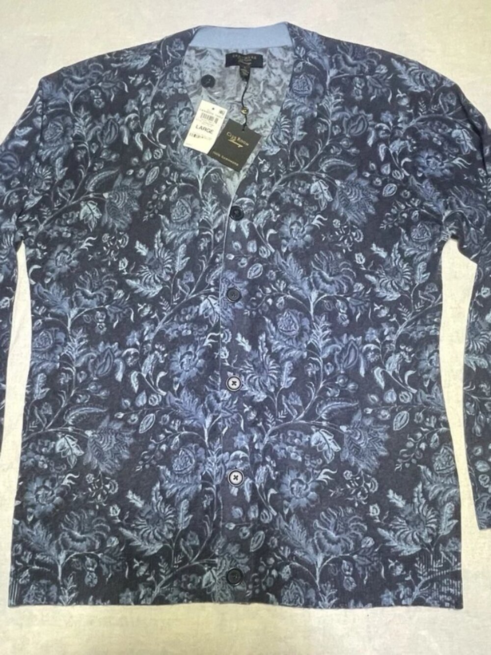 Club Room Blue Floral Cashmere Cardigan Sweater L New with Tags
